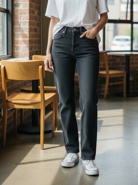 &Denim Black High Rise Straight Leg Jeans Size 27 Raw Hem EUC